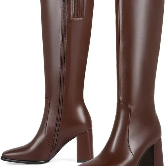 Knee High Boots Women Fall Boots Square Toe Faux Leather Tall Boots Chunky Heel